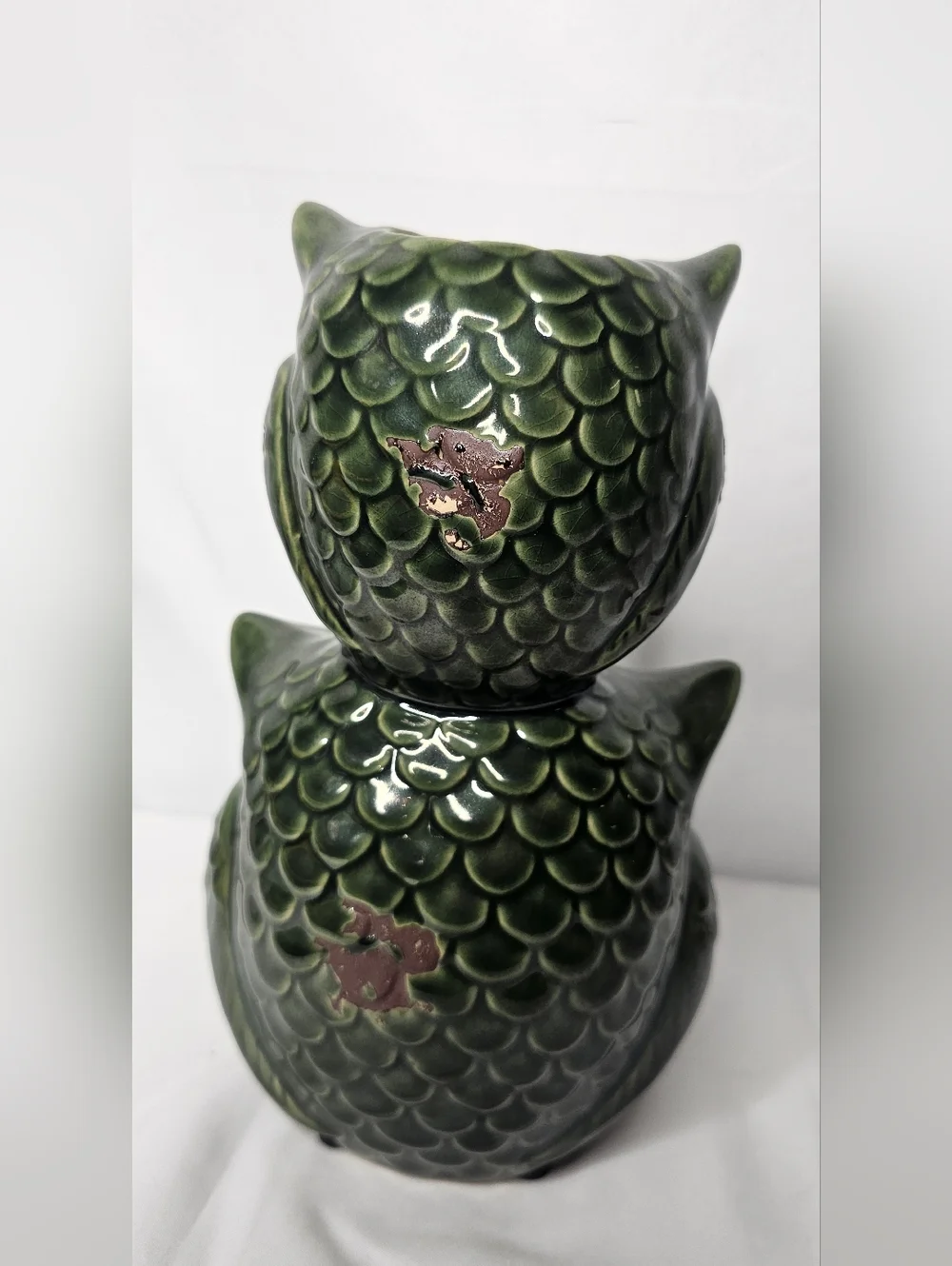 Pier 1 Imports Green Glazed Ceramic Double Owl Vase Figurine Boho Decor 8.5